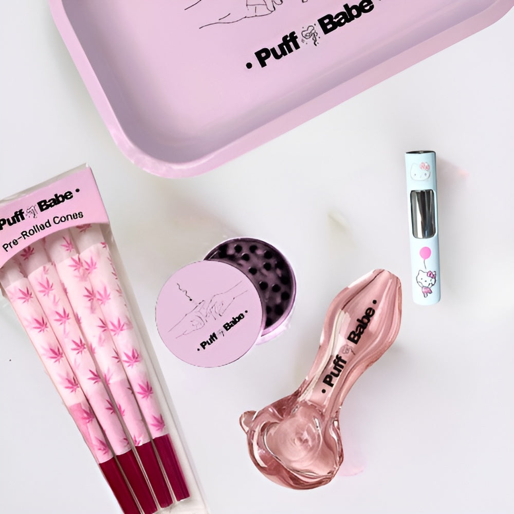 Puff Babe - Pink Smoking Set with Grinder, Pre-rolled Cones, Pink Pipe, Pink Flame Lighter, Pink Rolling Tray