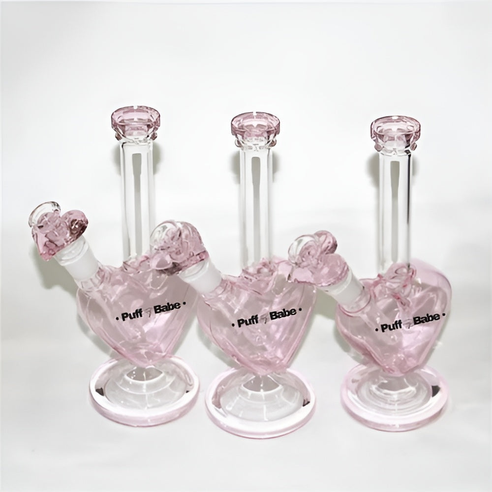 Puff Babe - Pink Heart Glass Bong Side View